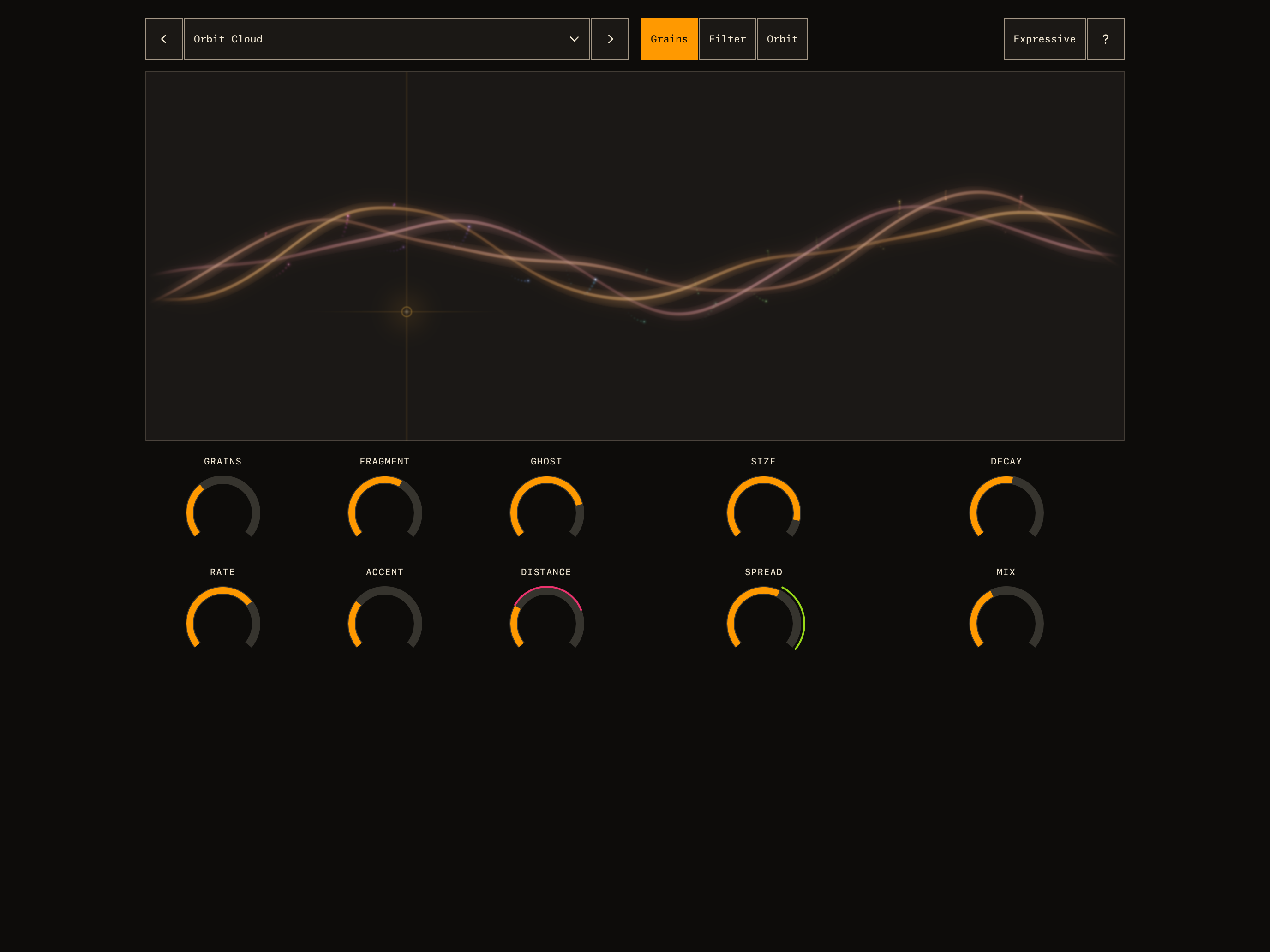 Shabu Shabu’s iPad editor, with a glowing braided grain field and ten amber gauges