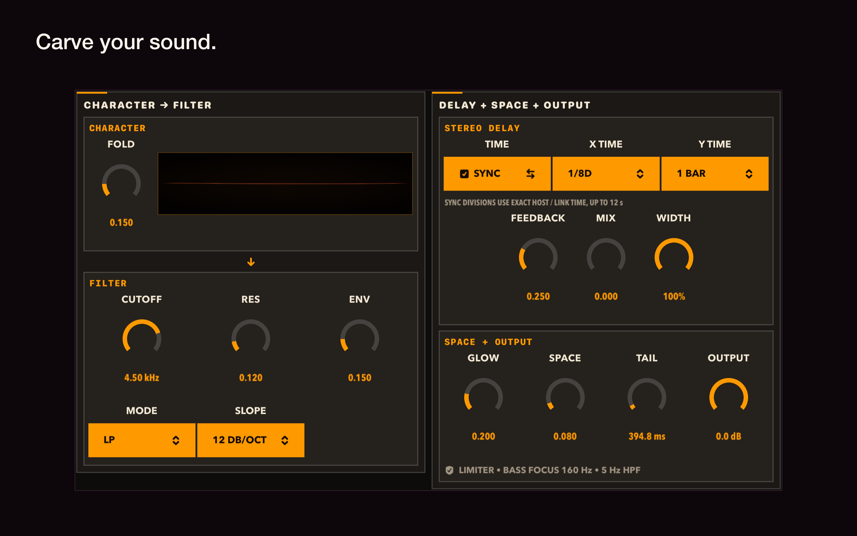 Vesper’s dark interface close-up showing Fold, the filter, stereo delay and Space controls
