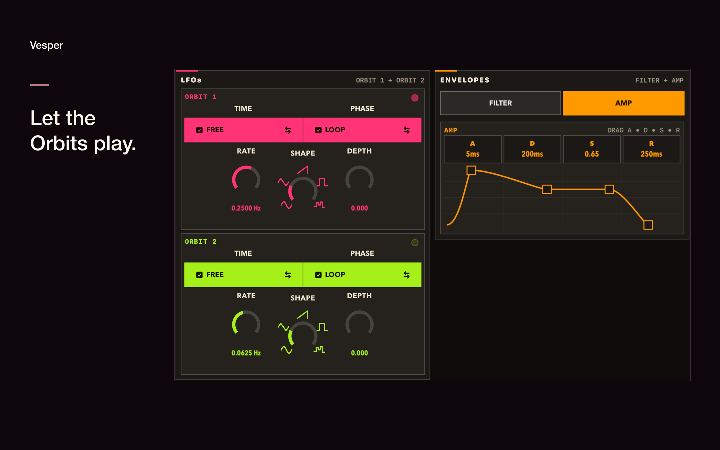 A dark close-up of Vesper’s two Orbit modulation sections