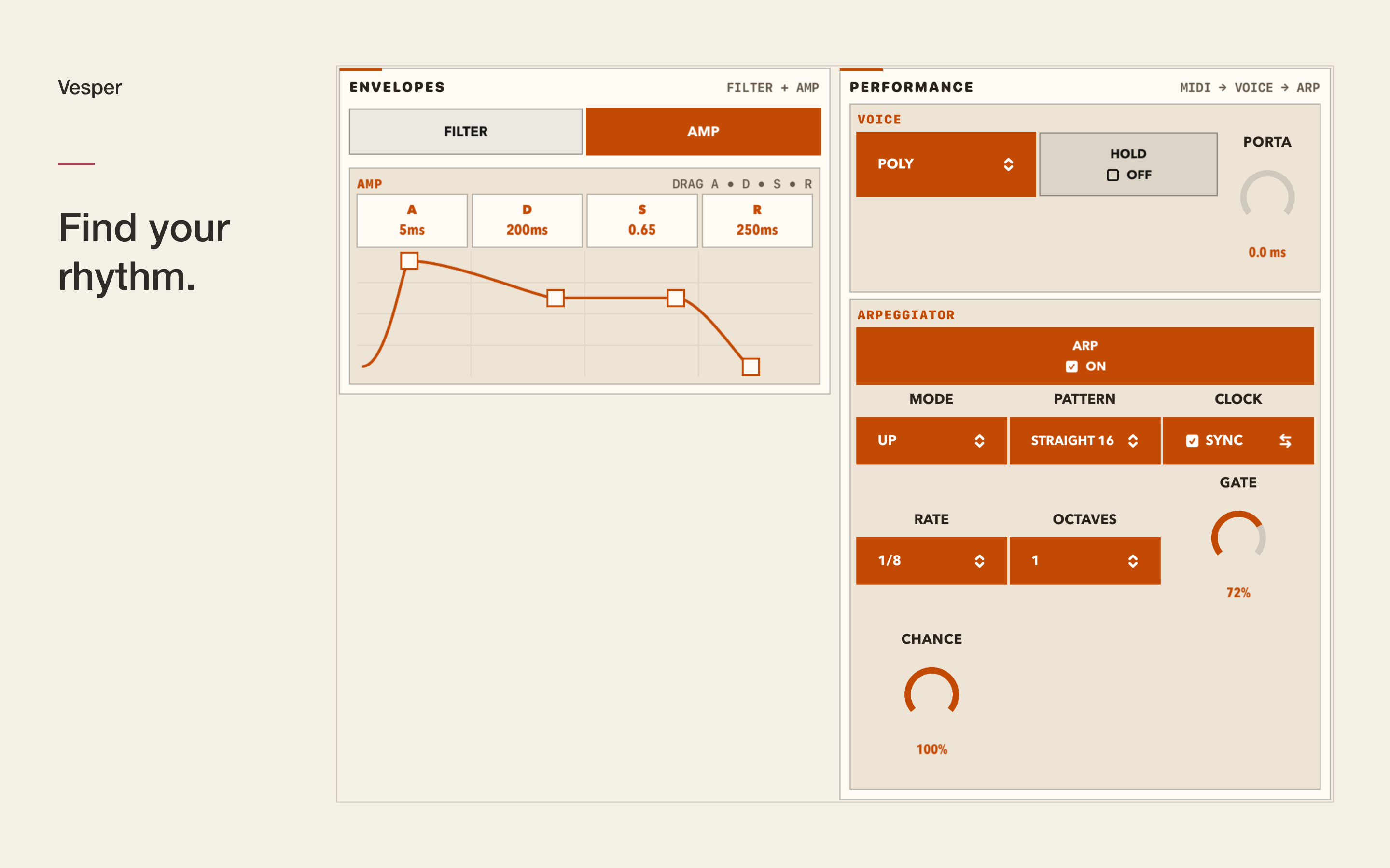 Vesper’s light interface with the arpeggiator controls open